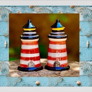 Brand New Blue Sky Red/White/Blue Lighthouse Salt & Pepper Shakers